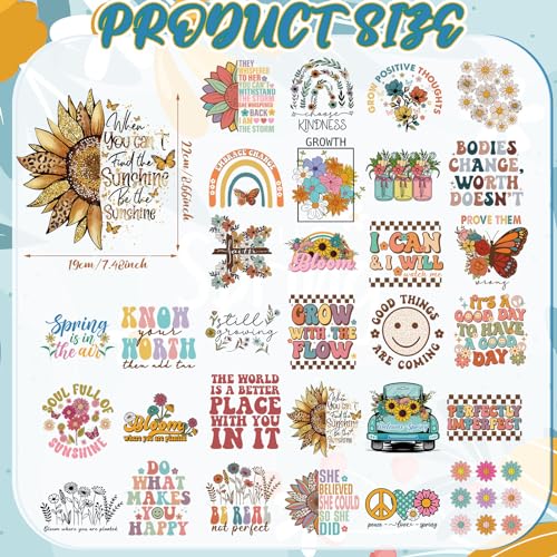 Estune 30 Pcs Boho Iron on Transfers Ready to Press DTF Transfers Retro Floral Iron on Decals Patches Groovy Inspirational Heat Transfer Stickers for T Shirts Clothing Jacket Hat Backpacks DIY Apparel - style: Spring Floral