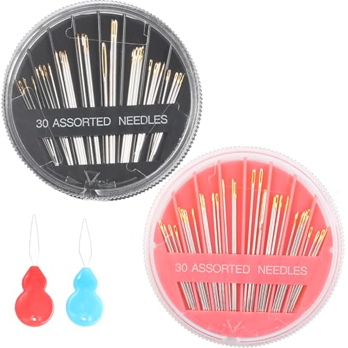 Eketirry 60pcs Premium Hand Sewing Needles，2 Pack 30-Count Assorted Needles for Sewing Repair, 6 Different Sizes Sewing Needles with 2 Threaders (Pink& Black,1) - style: Pink&Black
