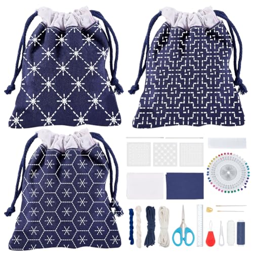 ORIGACH 3 Set Sashiko Drawstring Bag Kit with Instruction for Beginners