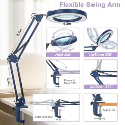 12X Magnifying Glass with Light and Clamp, Real Glass Lens Lighted Magnifier with Stand, 5 Color Modes LED Dimmable Magnifying Desk Lamp Hands Free for Crafts Painting Sewing Close Work - Blue - color: Blue, size: 12X 17.8inch Clamp