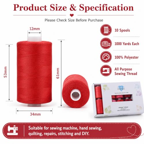 Simthread All Purpose Sewing Thread, 10 Spool Assorted Red Series 1000 Yards Each Bobbin Polyester Thread for Sewing, Handy Polyester Sewing Threads for Sewing Machine - (Red Series) - color: red series