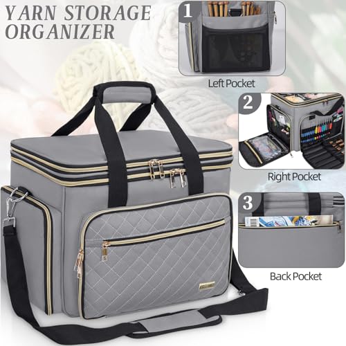 Knitting Bag, Crochet Bag Organizer, Yarn Storage Bag with Divider - color: Grey