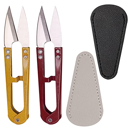 2Pcs Multicolor Mini Sewing Scissors Clipper 2Pcs Leather Scissors Sheath Cover Small Embroidery Thread Thrum Yarn Trimming Nipper U-Shaded Craft Cross Stitch Scissor (Red/Yellow) - color: Red/Yellow