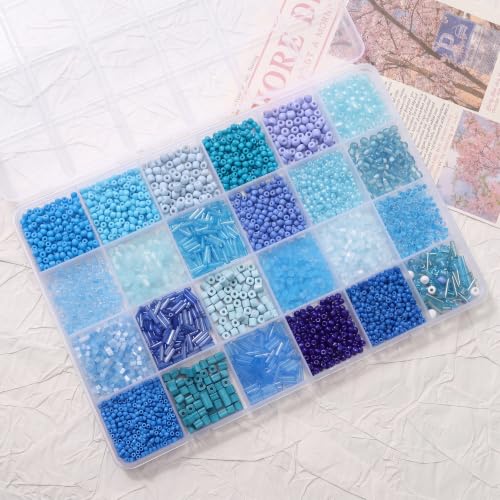 24 Grid Blue Glass Seed Bugle Tube Beads Kit for Jewelry Making DIY Craft - color: Blue, size: 24 Grid