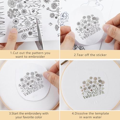 Floral Water Soluble Embroidery Patterns, 4 Sheets Stick and Stitch Embroidery Papers Wash Away, Pre-Printed Flower Designs Transfer Paper Customized Gifts for Hand Sewing Lovers Beginners - size: Flower Cluster