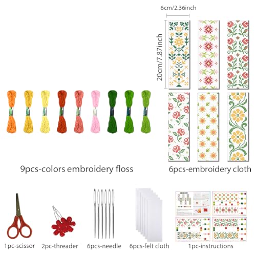 FREEBLOSS 6 Set Cross Stitch Bookmark Kits 11CT 8"x2.4" Flower and Leaves - style: Simple flower branches