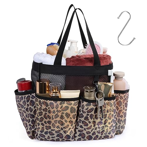 Mesh Shower Caddy Portable - 8 Pockets, S-Hook, Shower Bag for Dorm Camping - color: Leopard, size: L (Classic Dorm Caddy)
