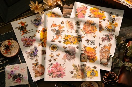 Vintage Honey Bee Rub-on Transfer Stickers Decals, 8.3 x 5.9 Inch, 3 Sheets Bee Design for Paper Crafts