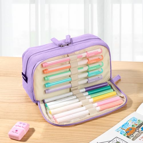 Sooez Big Capacity Pencil Case Pen Pouch, Soft Corduroy Pencil Bag - color: Purple