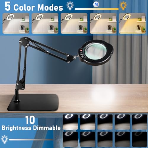10X Magnifying Glass with Light and Stand, LED Desk Lamp with Base and Clamp, 5 Color Mode, 10 Dimmable Levels, Hands Free for Reading Crafts Jewelry Sewing Close Work - color: Black, size: Standard Base & Clamp