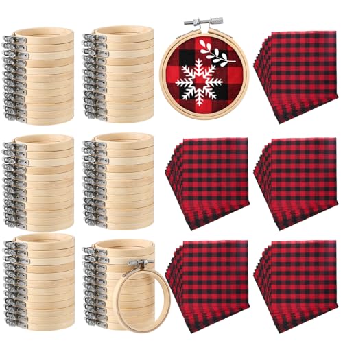 Hoteam 144 Pcs Christmas Embroidery Hoop Set Red Black Plaid Linen Fabric - color: Red and Black Plaid