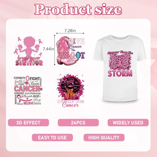 Dtf Transfers Ready to Press -24Pcs Breast Cancer Awareness Iron on Decals Pink Ribbon Fight Cancer Quote Heat Transfer Vinyl Stickers for Clothing Pillows Bag DIY Crafts - color: Breast Cancer Awareness
