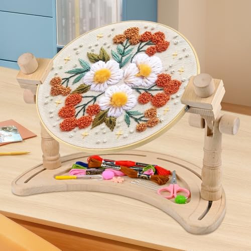 Embroidery Hoop Stand Adjustable - 360°Rotated Embroidery Frame Stand, Cross Stitch Stand, Beech Wood Embroidery Hoop Holder, Embroidery Stands for Hand Work Art Craft