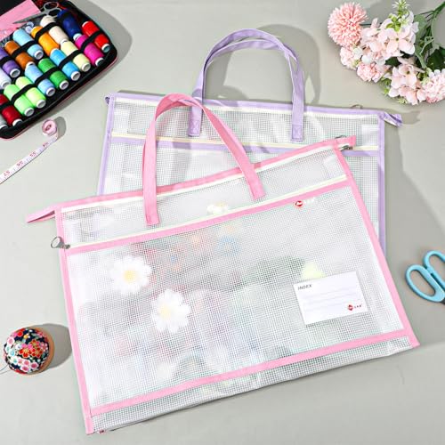 DOPENSPI 6 Pcs Project Bag for Quilting, 17.7×13.4 Inch Large Capacity Thick Clear Mesh Pouches Sewing Bags with Zipper Handles for Tote Bag File Carrying Storage Charts and Material