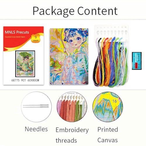 Zhenqing Summer Pond Stamped Cross Stitch Kit - 9CT 58x78cm Large Girl & Lotus Design, Pre-Printed Pattern for Beginners (68775)