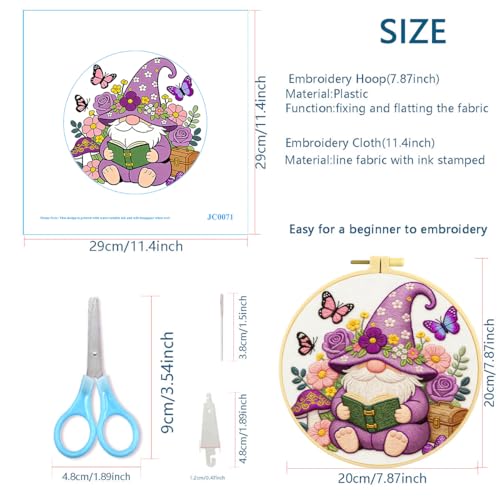 Zhenqing Purple Gnome Reading Book Embroidery Kit, Fairy Garden Craft Set with 20cm Hoop, Printed Design on 29x29cm Cotton Fabric, DIY Whimsical Wall Art (JC0071)