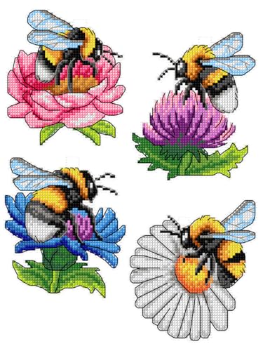 Counted Cross-Stitch Kit on Plastic Canvas with Bumblebees. 4 Summer Ornaments Different Dimensions 177CS. 14 Count Plastic Canvas Sheets 8.27x11.02 Inches. Perfect for Art & Craft Amateurs - color: Bumblebees