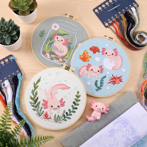 Mindsoft 3 Set Needlepoint Kit for Beginners with Hoop,Axolotl - style: Axolotl