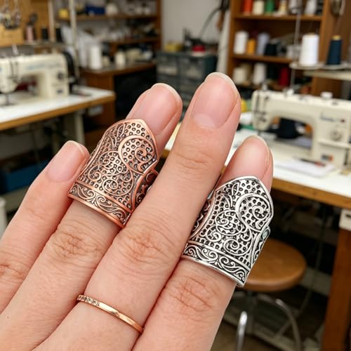 Elegant European Court Style Shield-Shaped Copper Sewing Thimble Finger Protector - Excellent for Hand Embroidery, Cross Stitch, Knitting, and Quilting (Cyan) - color: Cyan