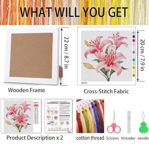 VIGEGU Lily Stamped Cross Stitch Kits for Adult Beginner with Wooden Frame - color: lily Cross Stitch with Framed