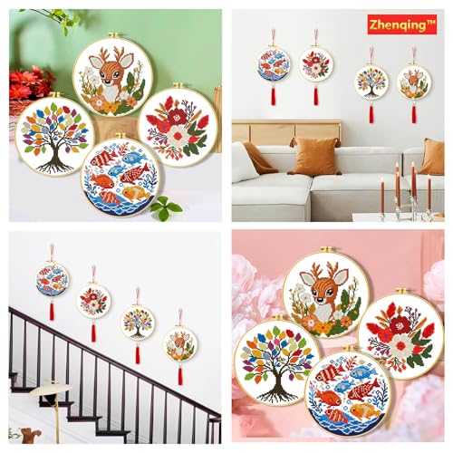 Zhenqing 4 Pack Nature Stamped Cross Stitch Kit for Adults and Beginners, 11CT Printed Fabric Deer Tree Fish Flower Patterns with Hoop, Threads, Needles, Scissors, Threader, Guide - color: Deer Tree Fish Flower