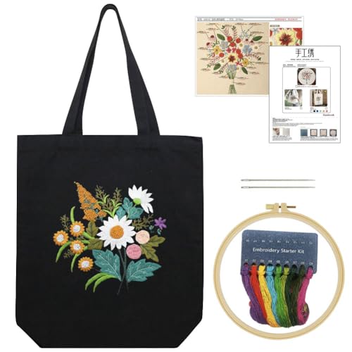 KABAKE Canvas Tote Bag Embroidery Kit, Embroidery Kits for Beginners, Arts and DIY Crafts Embroidery Starter kit, Include Stamped Embroidery Bag, Threads, Embroidery Tools (Black Bag with Floral) - color: Black Bag with Floral