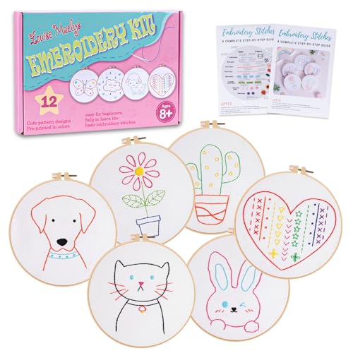 Louise Maelys 12 Pre-Stamped Embroidery Kits for Beginners, Cross Stitch for Kids Girls,DIY Needlepoint Craft Sewing,Practice Kit Supplies,Funny Cute Pattern,Perfect for Ages 8+ - color: 12 embroidery kits