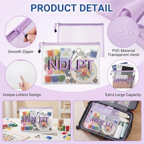 Sabary 2 Pcs Needlepoint Project Bag Clear Mesh Zipper Organizer, Purple - color: clear, purple