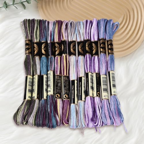12 Skeins 105 Yards Purple Embroidery Thread Variegated Cross Stitch Floss Bulk 6 Ply Polyester Yarn Colorful Friendship Bracelet String for Sewing Making Needlecraft Knitting Stitching DIY - color: Dark Purple
