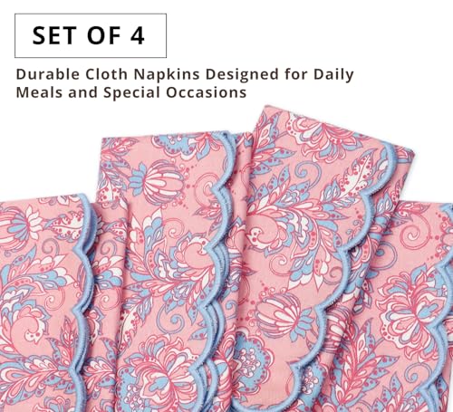 PurpleEssences Scalloped Cloth Napkins 18x18 in - BlushPink Edge Light Blue - color: Blush Pink Edges - Light Blue