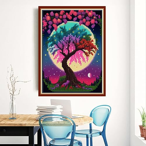 Redxing Stamped Cross Stitch Kits Embroidery kit for Beginners Adults Full Range of Embroidery Patterns Starter Kits DIY Printed Cross Stitch Kits Needlepoint Kits 11CT-Tree Moon 15.7x19.7 inch - color: Style 09