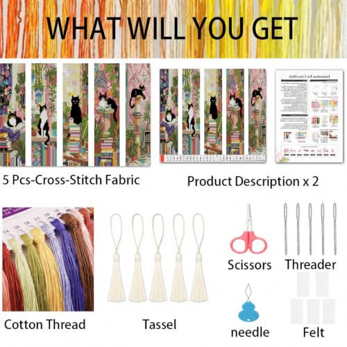 VIGEGU 5 Pcs Cat Book Stamped Cross Stitch Bookmark Kits for Adult Beginner - color: Black Cat Book Bookmark2026 - 3