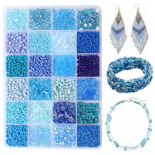 24 Grid Blue Glass Seed Bugle Tube Beads Kit for Jewelry Making DIY Craft - color: Blue, size: 24 Grid