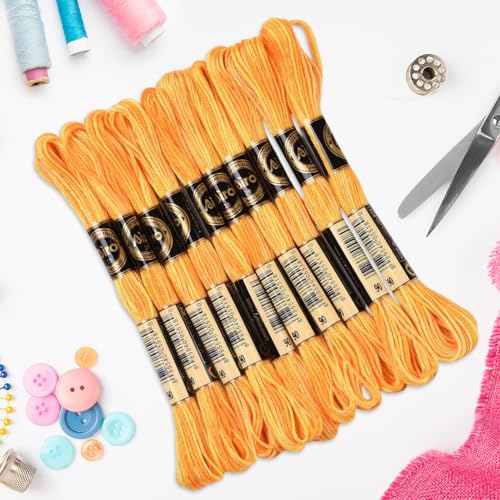 10 Skeins 87.5 Yards 6 Ply Variegated Gold Cross Stitch Floss Segment Dyed Embroidery Thread Gradient Friendship Bracelet String Yarn Bulk for Sewing Making Jewelry Needlecraft Knitting DIY - color: Gold