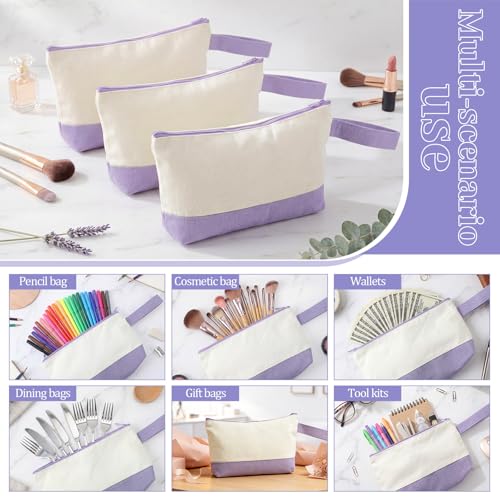 Silkfly 15 Pcs Cotton Canvas Makeup Bags Cosmetic Zipper Bags 10.2 x 5.5 x 2'' Blank DIY Pouch Bulk Pencil Case with Bottom Travel Toiletry Pouch for Women Craft Decor Gift (Beige and Light Purple) - color: Beige and Light Purple