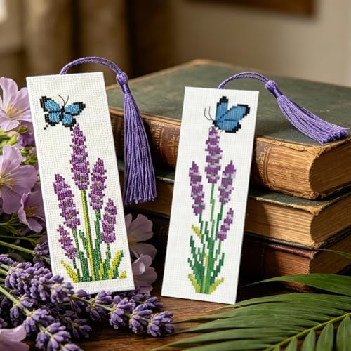 ACRNIGHEET 6PCS Cross Stitch Bookmark Kit for Beginner Stamped Cross Stitch Kits for Adults Lavender DIY Tassel Embroidery Bookmark Kits Needlepoint Kit with Instructions Craft Gift 8.5''x3'' 11CT - style: Lavender Butterfly with Tassel