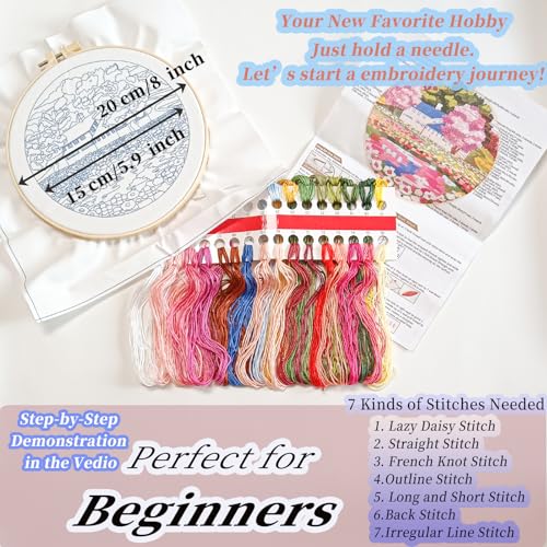FONNUY Embroidery Kit for Beginners, Boho Nature Landscape Pre-Stamped Pattern Kits for Adults with Hoop, Easy to Follow Color Thread Needlework, 8'' Hoop (Mountain House) - color: Mountain House