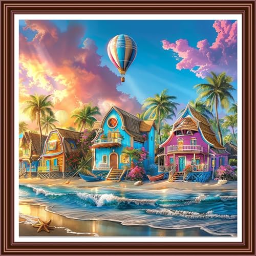 Dimensean Counted Cross Stitch Kit for Beginners, 11CT Unprinted Cross-Stitch Kit Easy Patterns Needlepoint Kit Cross Stitching Embroidery Kit Supplies-Seaside Vacation Scenery 18x18 inch - color: ColorDIY08