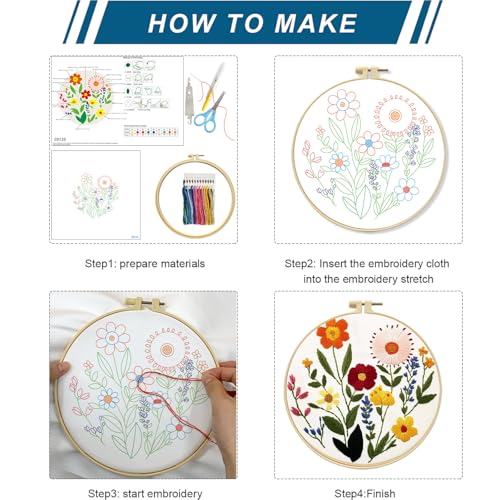 Zhenqing 4-Piece Floral Embroidery Kit for Beginners - Complete Set with Sunflower, Daisy Designs & Pre-Printed 29x29cm Cotton Fabric, Hoop, Threads & Tools(C0166) - color: C0166