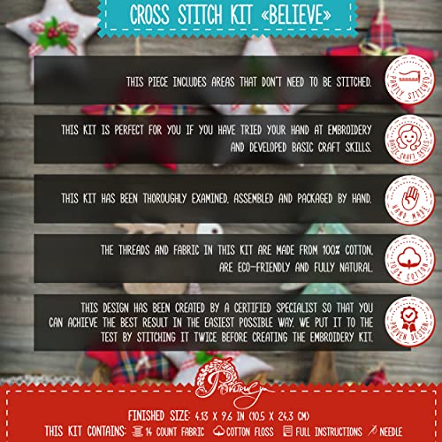 Povitrulya Counted Cross Stitch Kit 'Believe' - Embroidery Set for the Holidays, Encouragement, or Inspiring Everyday Possibilities with a Christmas Tree, Snowflake, Deer and Santa Hat