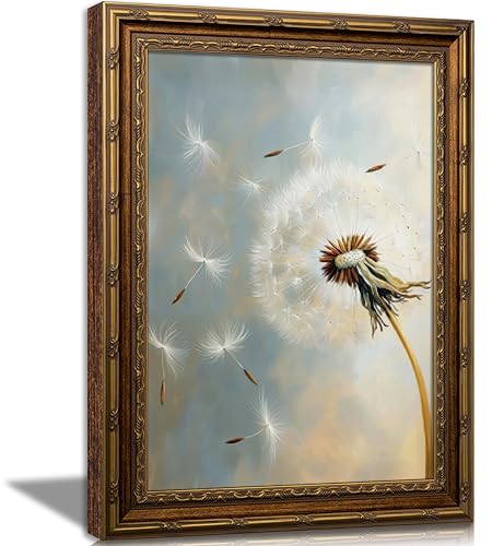 Vintage Gold Frame Timeless Dandelion Wall Art Rustic Farmhouse Flower Botanical Wall Decor Painting Picture Cottagecore Plant Floral Oil Canvas Prints Painting Print, Elegant Nature for Living Room Bedroom, Spiritual Inspirational - color: Botanical, siz
