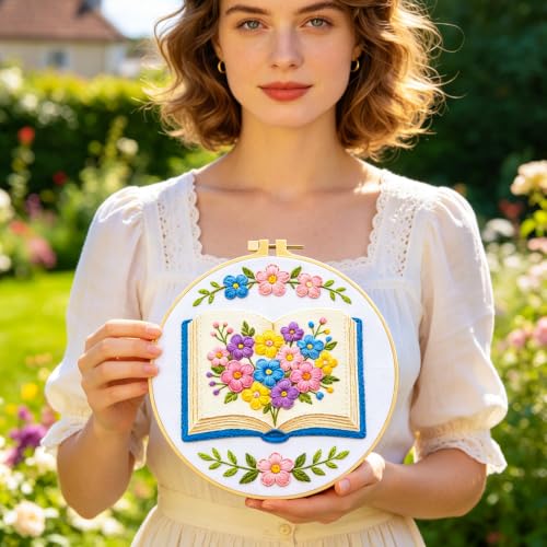 BEUNITONE 6 Set Embroidery Kit for Beginner Adults, Books & Flowers Cross Stitch Set with Stamped Pattern Hoops Threads Cloth Needles, Embroidery Starter Kit for Gifting and Home Decoration - style: Colorful Book