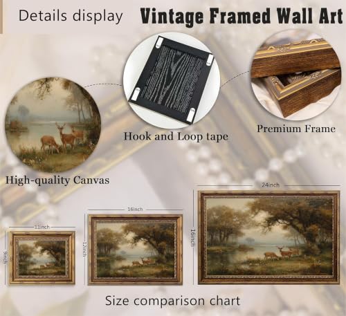 Gold Framed Vintage Forest Deer Canvas Wall Art Farmhouse Cottage Wild Animals Landscape Painting Picture Wall Decor Poster Prints Artwork for Bedroom Office Gallery Home Decoration - color: Wild animals, size: 11"L x 9"W