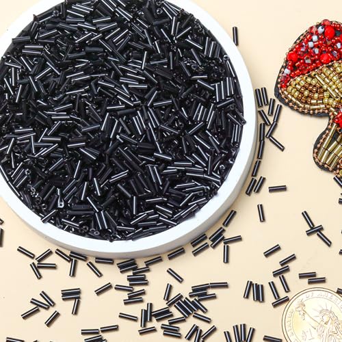 2000pcs Glass Bugle Beads, Tube Beads Bulk, Mini Long Tiny Small Waist Loose Spacer Embroidery Beaded for Bracelets Jewelry Making Sewing, Crafts, 2×6mm, Black - color: Black
