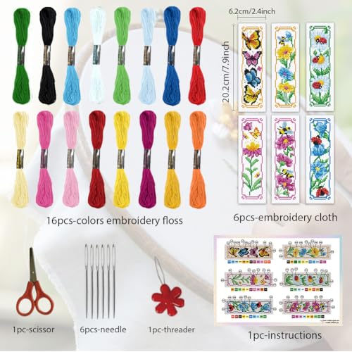 ORIGACH 6 Set Garden Floral Insect Cross Stitch Bookmark Kit for Beginner - style: Flowers and Butterflies
