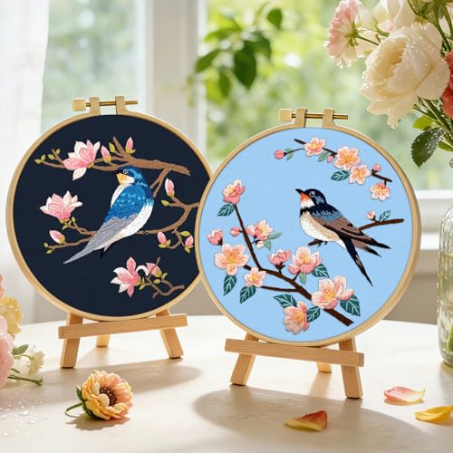 ERKOON Embroidery Kit for Beginners, 2 Set Floral Cross Stitch Set Include Embroidery Cloth Hoops Threads for Craft Lover Hand Stitch with Embroidery Skill Techniques (Bird) - color: Bird
