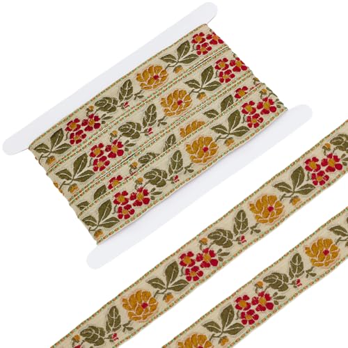 FINGERINSPIRE 5.5 Yards Ethnic Style Embroidery Flower Ribbon 1-1/4 inch Wide Pale Goldenrod Flower Ribbon Floral Embroidered Jacquard Ribbons Vintage Woven Trim for DIY Crafts Sewing Clothing - color: Pale Goldenrod