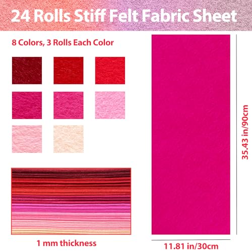 24 Pcs Wool Blend Felt Sheets Bulk, 12"x35", 1MM Thick - color: Red & Pink Series