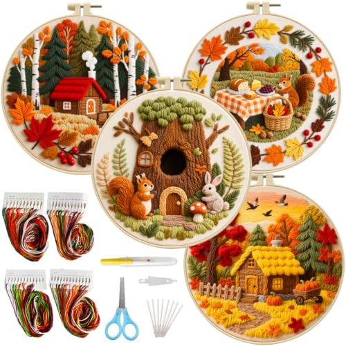 FEIYUENO 4 Pack Fall Pattern Embroidery Kit for Adults Beginner, Autumn - color: Autumn