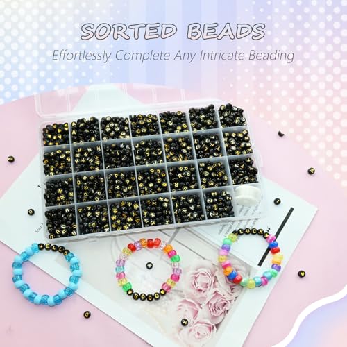 Looconi 1400pcs 4x7mm Black Letter Beads Round Acrylic with Gold Alphabet A-Z Heart Pattern Beads and Crystal Line for Jewelry Making (Black&Gold) - color: Black&Gold, size: 7x4mm
